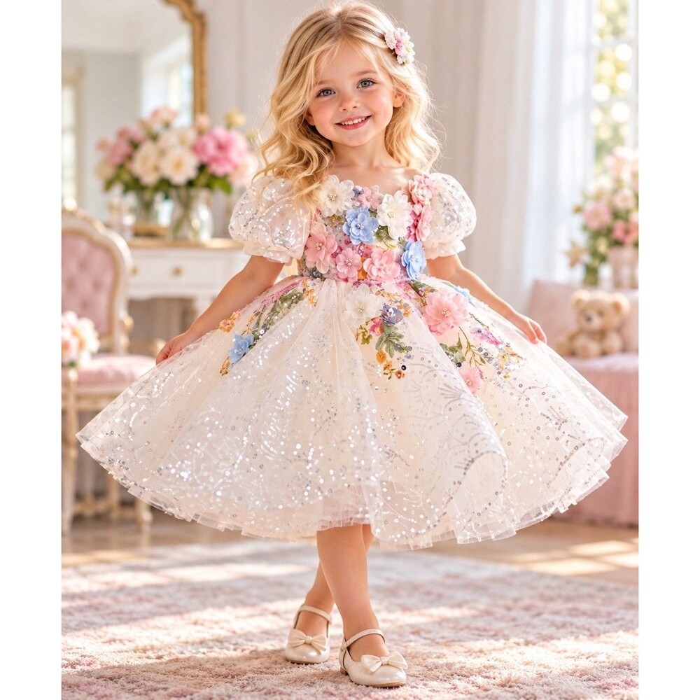 Girls Ivory Tulle Formal Dress w/ 3D Floral Appliqué Sequin Skirt Girl Size 5-6